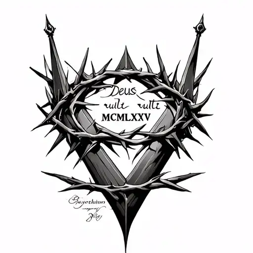 crown of thorns with “deus vult” and “ MCMLXXV” in the middle of it  tattoo design idea