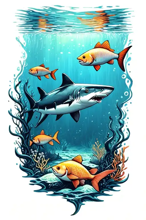 ocean floor with shark and fish tattoo design idea