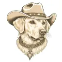 older golden female Labrador with a cowgirl hat on and collar and western theme tattoo design idea