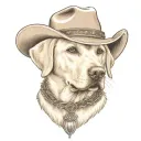 older golden female Labrador with a cowgirl hat on and collar and western theme tattoo design idea