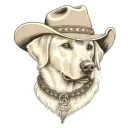 older golden female Labrador with a cowgirl hat on and collar and western theme tattoo design idea