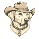 older golden female Labrador with a cowgirl hat on and collar and western theme tattoo design idea