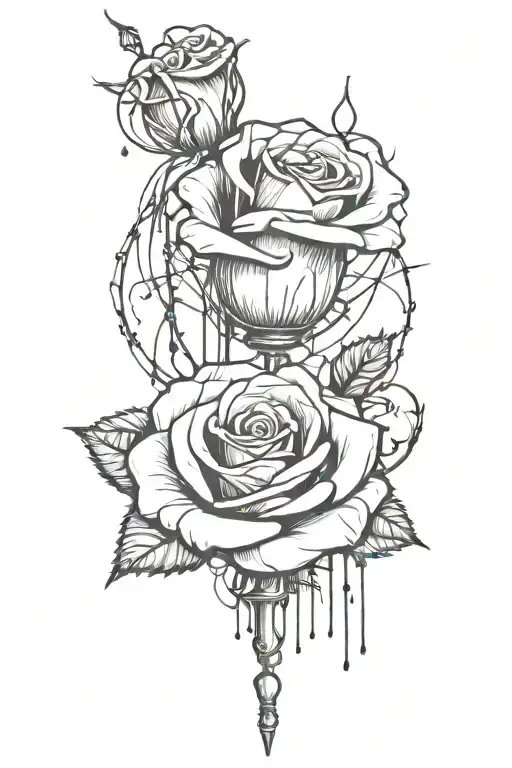 a rose with a sandglass that above 4 hearts with a big heart thats broken with barbed wire around with blood drops  tattoo design idea