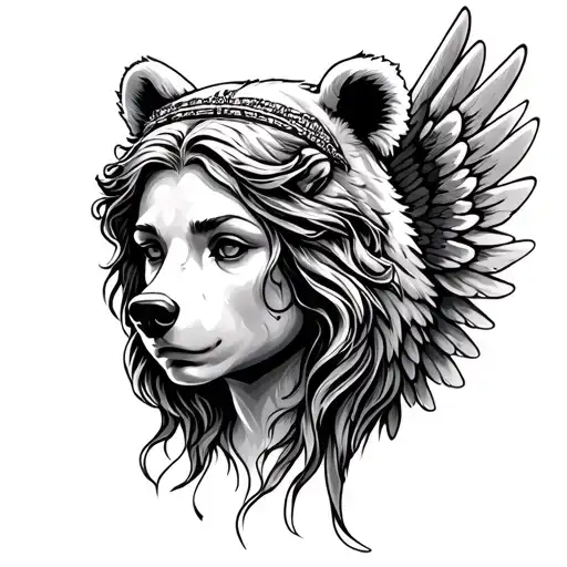 Bear head with virgin woman's face with wings tattoo design idea