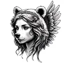 Bear head with virgin woman's face with wings tattoo design idea
