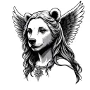 Bear head with virgin woman's face with wings tattoo design idea