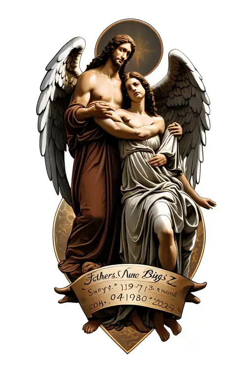 fathers name engraved biggz , with date from start to finish 04/19/1980 , 04,17,2025. angels carrying a body to jesus tattoo design idea