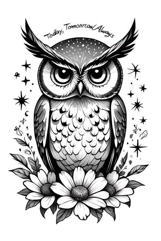 Fine Line Owl, Fineline Jasmine Flower, "Today, Tomorrow and Always" Stars, Sun, Moon, My Life Loca 3 Dots tattoo design idea