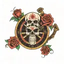skull spinning a roulette wheel with roses and a Gemini symbol  tattoo design idea
