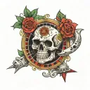 skull spinning a roulette wheel with roses and a Gemini symbol  tattoo design idea
