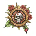 skull spinning a roulette wheel with roses and a Gemini symbol  tattoo design idea