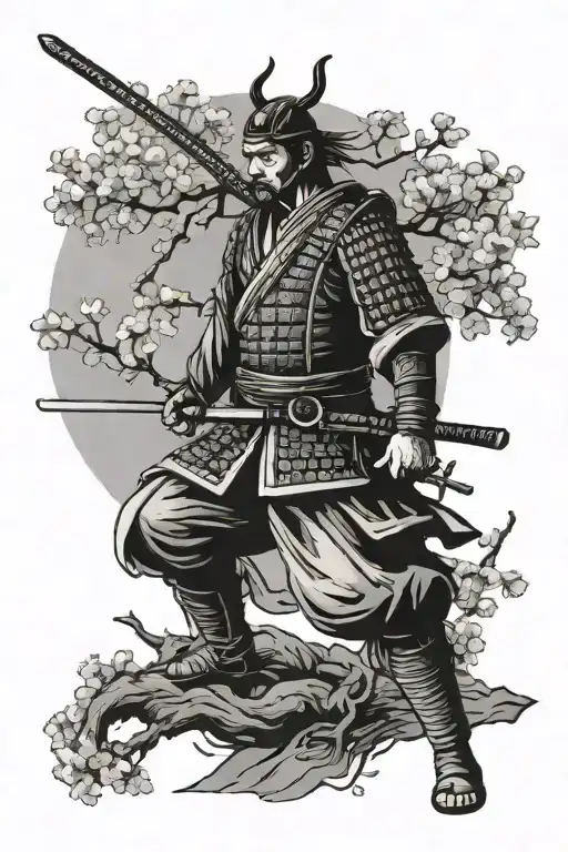 samurai on a japanese cherry tree tattoo design idea