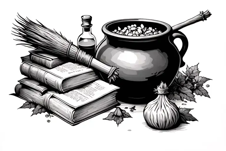 books and potions and broom and cauldron  tattoo design idea