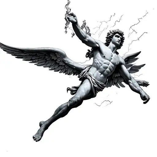 a greek god with wings flying to catch thunder tattoo design idea