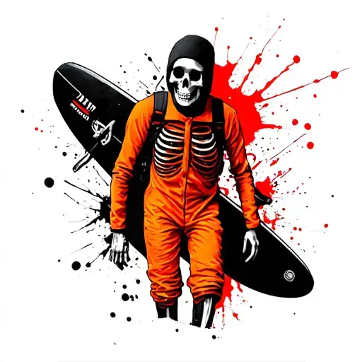 surfing skeleton in a orange jumpsuit and a black headsack tattoo design idea