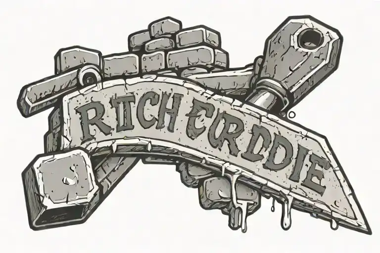 brick wall with a trowel and the words saying get rich or die troweling tattoo design idea