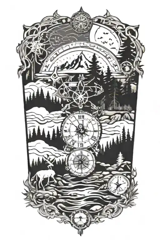 compass, pine tree forest with stream, hand dove clock, dream catcher made of a compass, boy standing on lake in mounati tattoo design idea