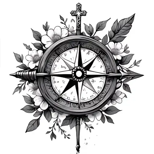 dainty compass with flowers and wrapped in vines an arrow the top having a cross and heart  tattoo design idea