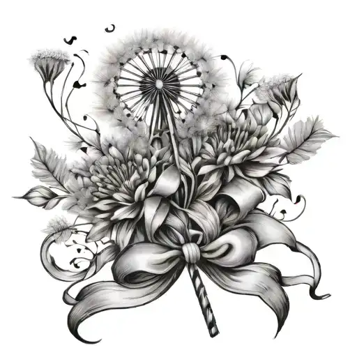 dandelion and violet tied with bow tattoo design idea