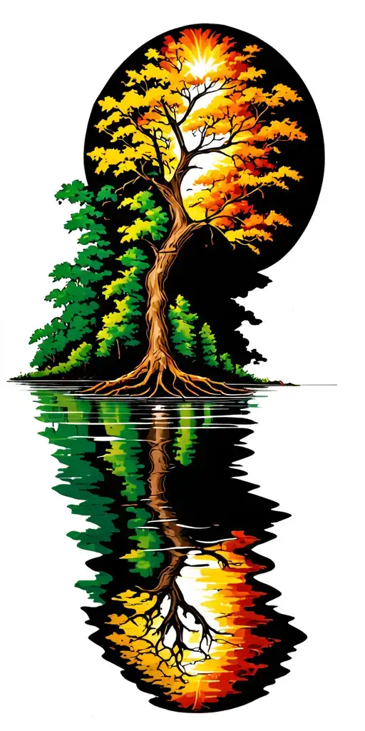 Irish tree of life with roots into a lake reflecting tattoo design idea