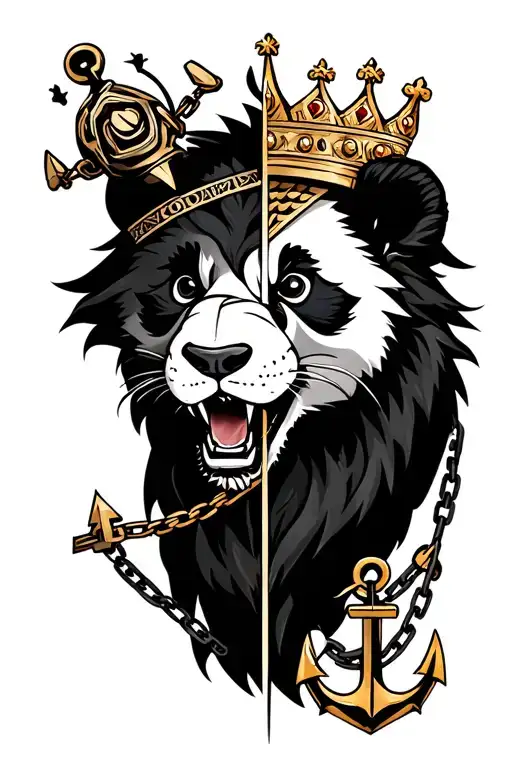 half panda and half lion roaring wearing crown with anchor and chain tattoo design idea