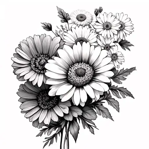 Chrysanthemum, cosmos, daisy And Poppy bouquet tattoo design idea
