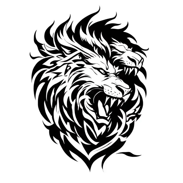 Roaring lion with dragon tribal  tattoo design idea
