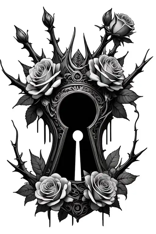 cybersigilism roses and thorns coming down into a crown with a keyhole tattoo design idea