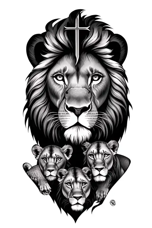 male lion with cross on its eye surrounded by female lion and 3 cubs tattoo design idea