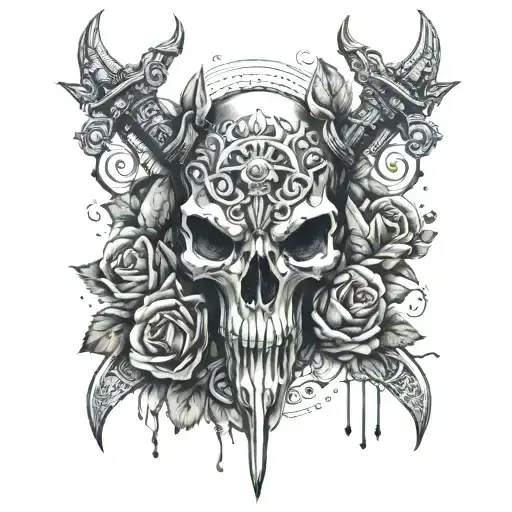 Horse Skull and Roses impaled by sword tattoo design idea