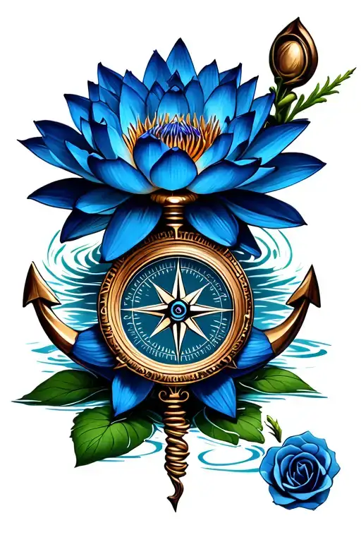 compass ,anchor and blue lotus flower tattoo design idea