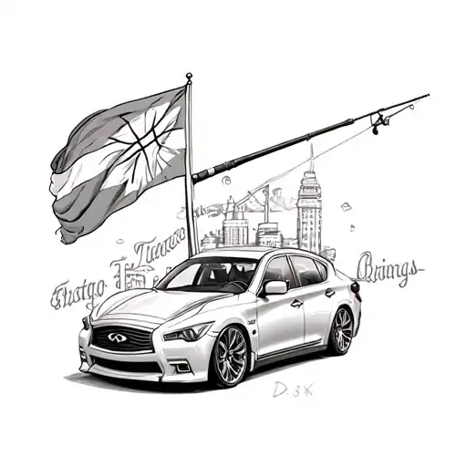 Infiniti M56X car with a Filipino flag fishing rod and a basketball tattoo design idea