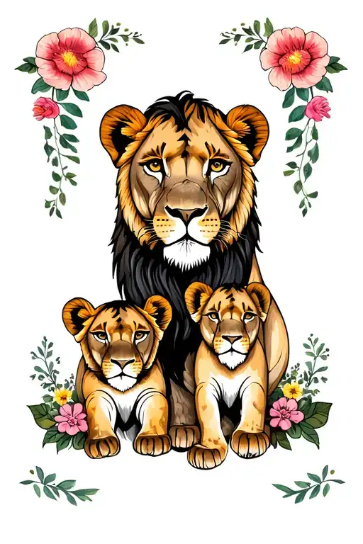 lioness and Baby lion as a mother and daughter, protetion, surrounded by flowers tattoo design idea