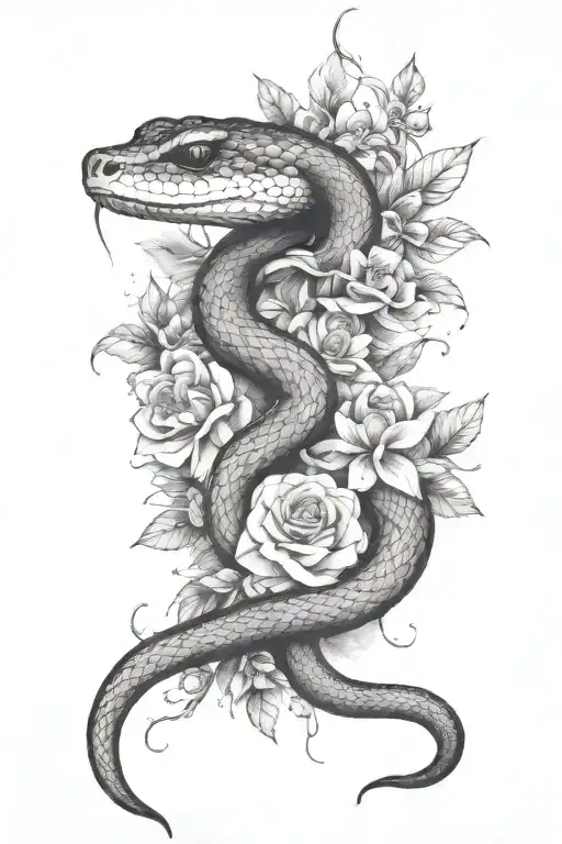 Half sleeve of a snake wrapped in flowers tattoo design idea