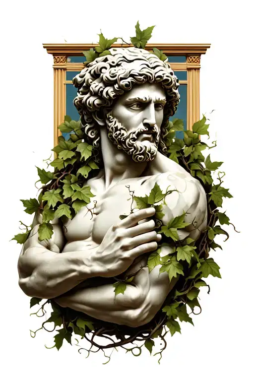 Vines wrapping around the arm, with the face of Dionisious in the upper part of the shoulder and a greek background  tattoo design idea
