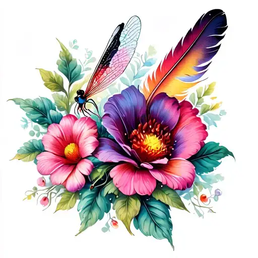 Flowers, feather, dragonfly tattoo design idea