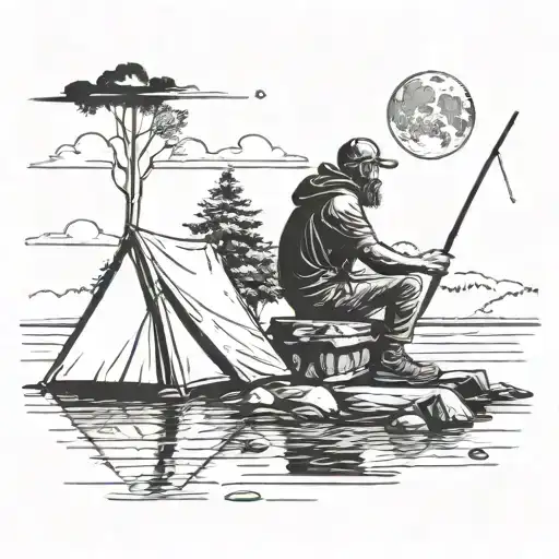 man fishing sitting on the moon over a camp site by a lake tattoo design idea