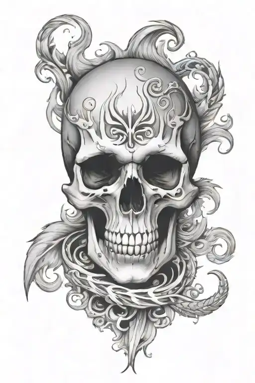 skull and flames left arm tattoo design idea