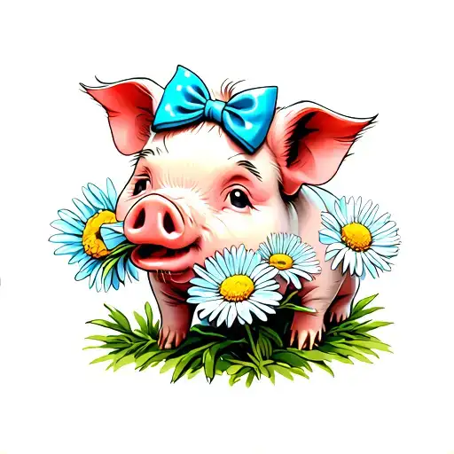baby girl pig with blue bow in head and chewing on a aster flower tattoo design idea