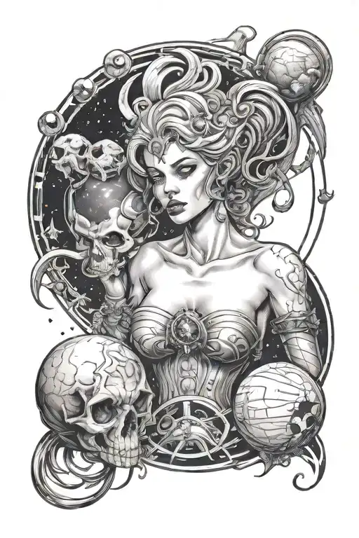 Lilith from diablo 4 and the space with stars and planets tattoo design idea