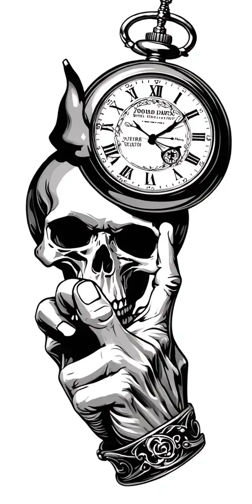 skull holding poker hand holding a pocket watch , giving the middle finger tattoo design idea