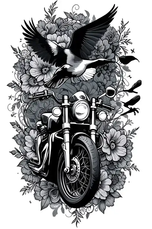 floral lace with motorcycle and birds flying tattoo design idea
