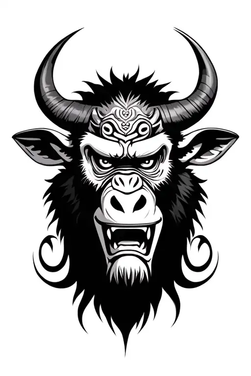 Japanese ox and monkey face morphing oni mask tattoo design idea