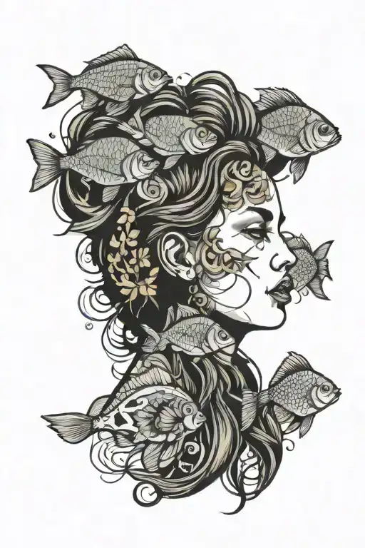 piesces woman head surrounded by fish swimming tattoo design idea
