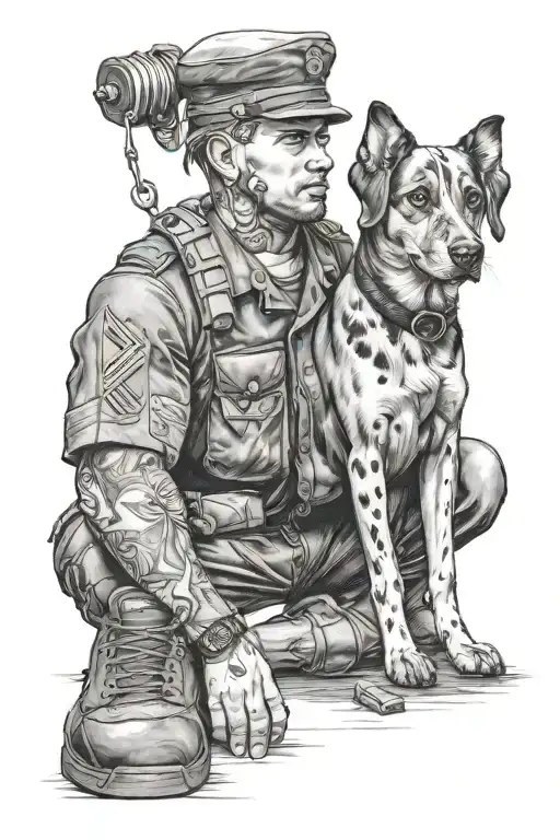 A realistic portrait of a soldier holding a dumbbell with a dog by their side, showcasing dedication and companionship tattoo design idea