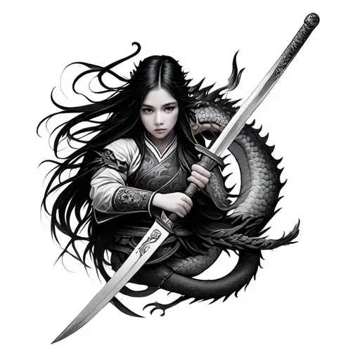 Samurai girl holding sword and dragon wrapped around tattoo design idea