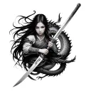 Samurai girl holding sword and dragon wrapped around tattoo design idea