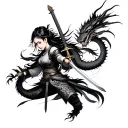 Samurai girl holding sword and dragon wrapped around tattoo design idea