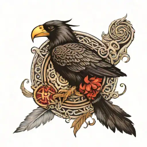 A Viking shield with a detailed raven design and intertwined Viking symbols tattoo design idea