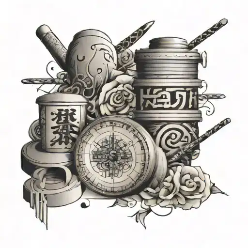 Create a life journey tattoo starting with math, karate, taiko drums, coding, thermodynamic, kanban tattoo design idea